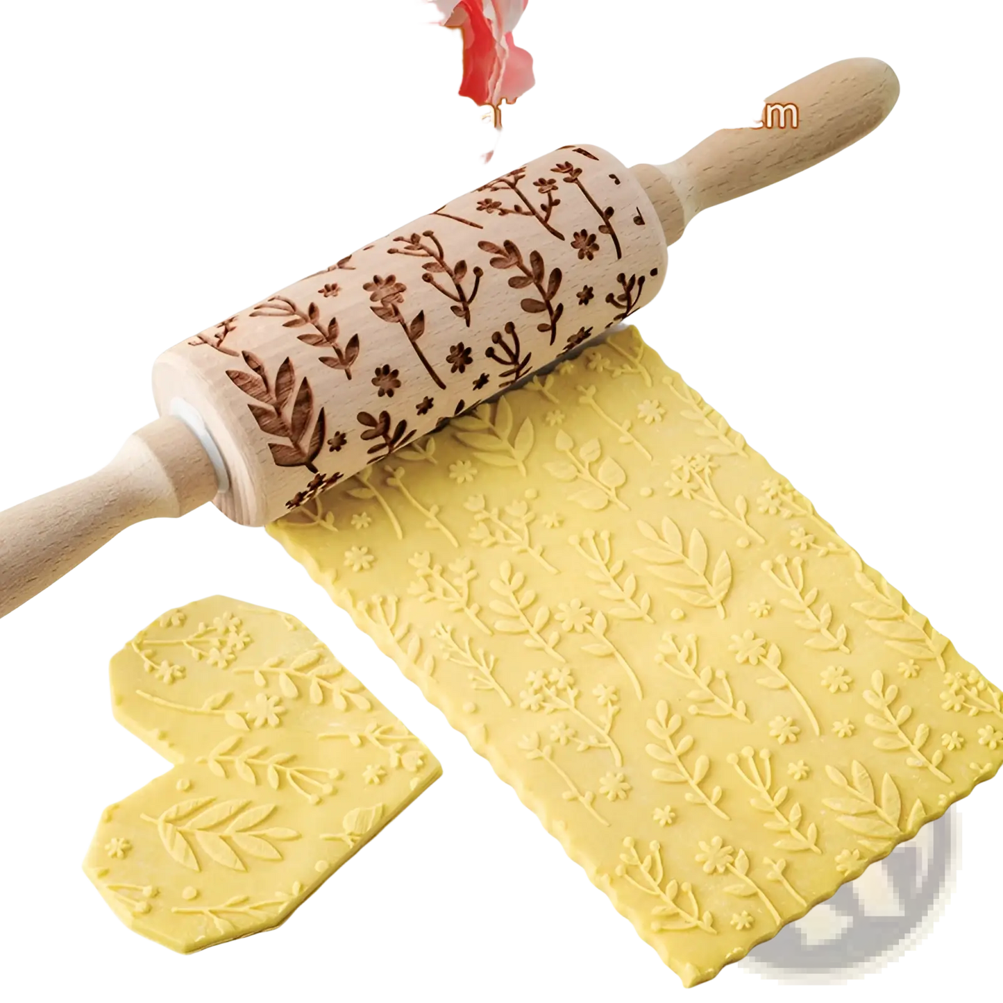 Floral Embossed Beech Wood Rolling Pin for Baking
