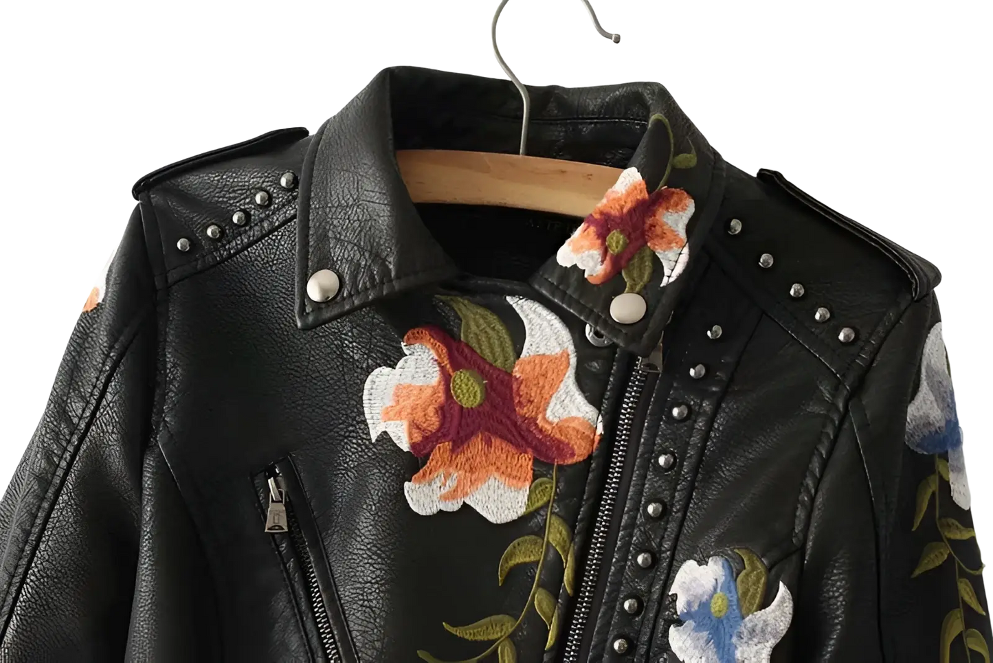 Floral Embroidered Studded Leather Moto Jacket