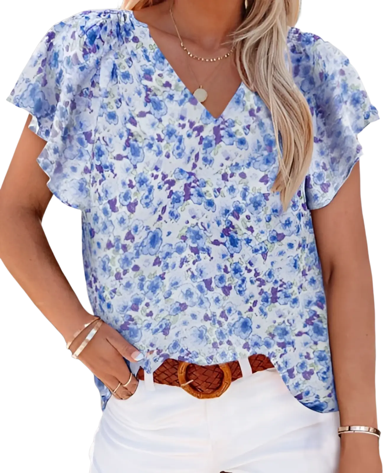 Floral Flutter Sleeve v Neck Summer Blouse