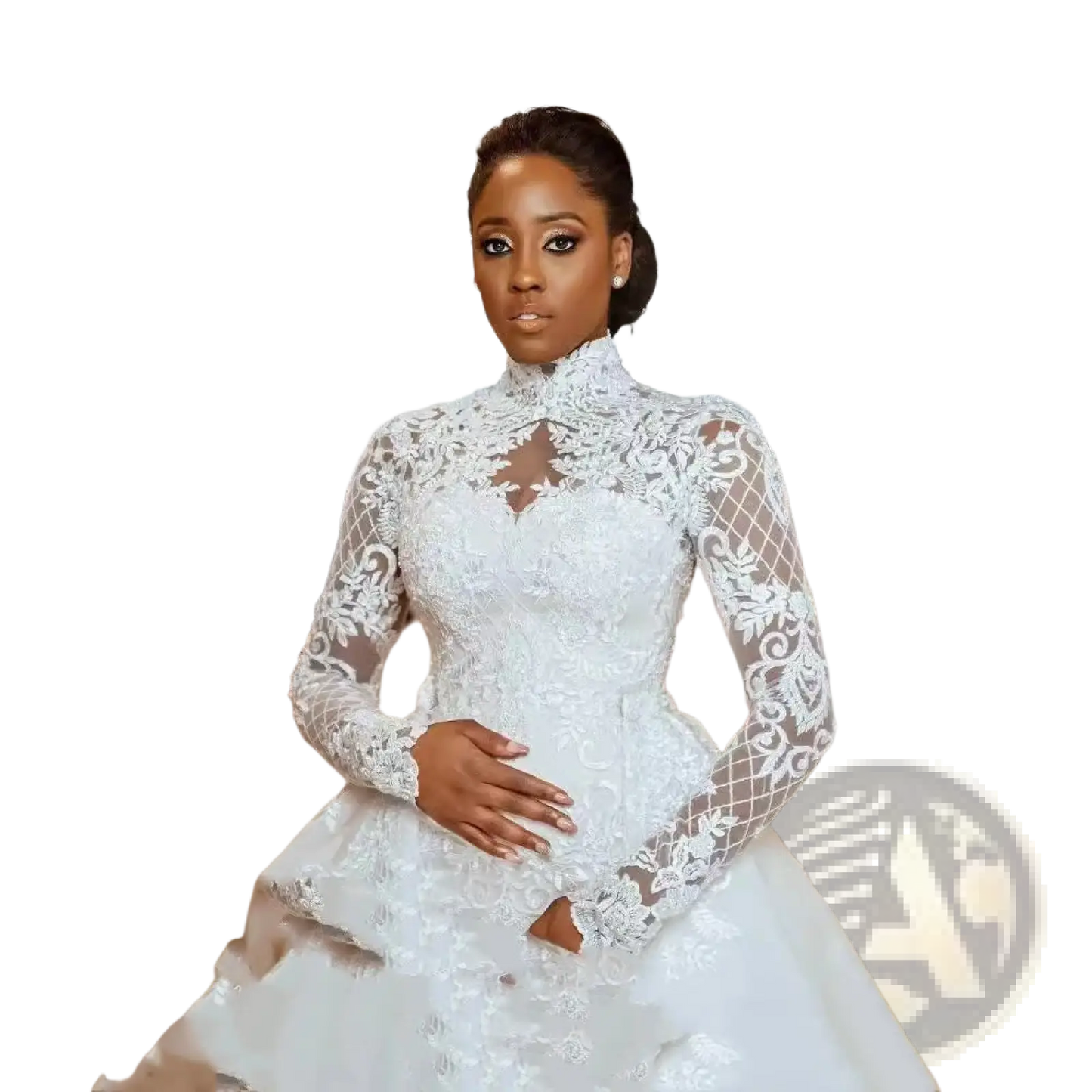 Floral Lace Stand Collar Long Sleeve Wedding Gown