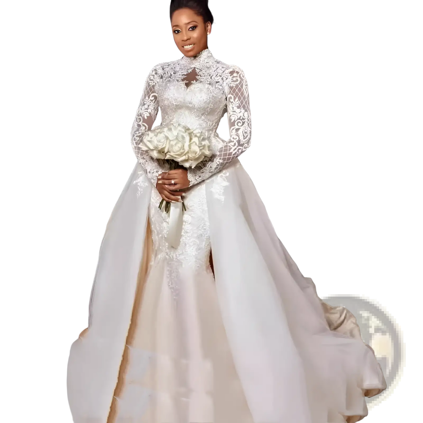 Floral Lace Stand Collar Long Sleeve Wedding Gown