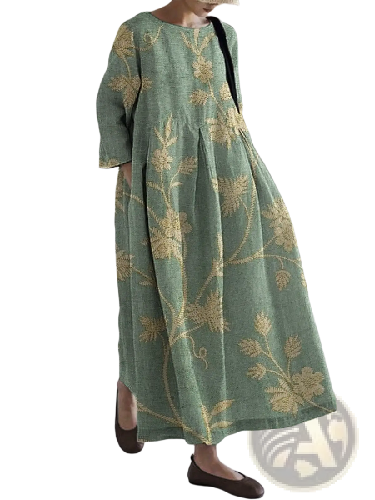Floral Print A-line Plus Size Linen Maxi Dress