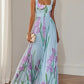 Floral Iris Pleated Square Neck Maxi Dress