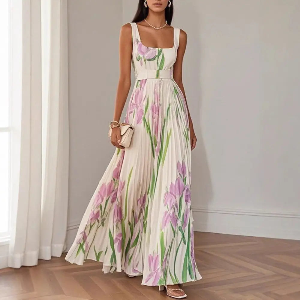 Floral Iris Pleated Square Neck Maxi Dress