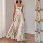 Floral Iris Pleated Square Neck Maxi Dress
