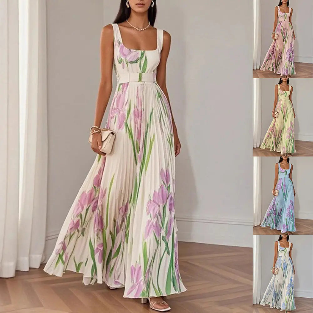 Floral Iris Pleated Square Neck Maxi Dress
