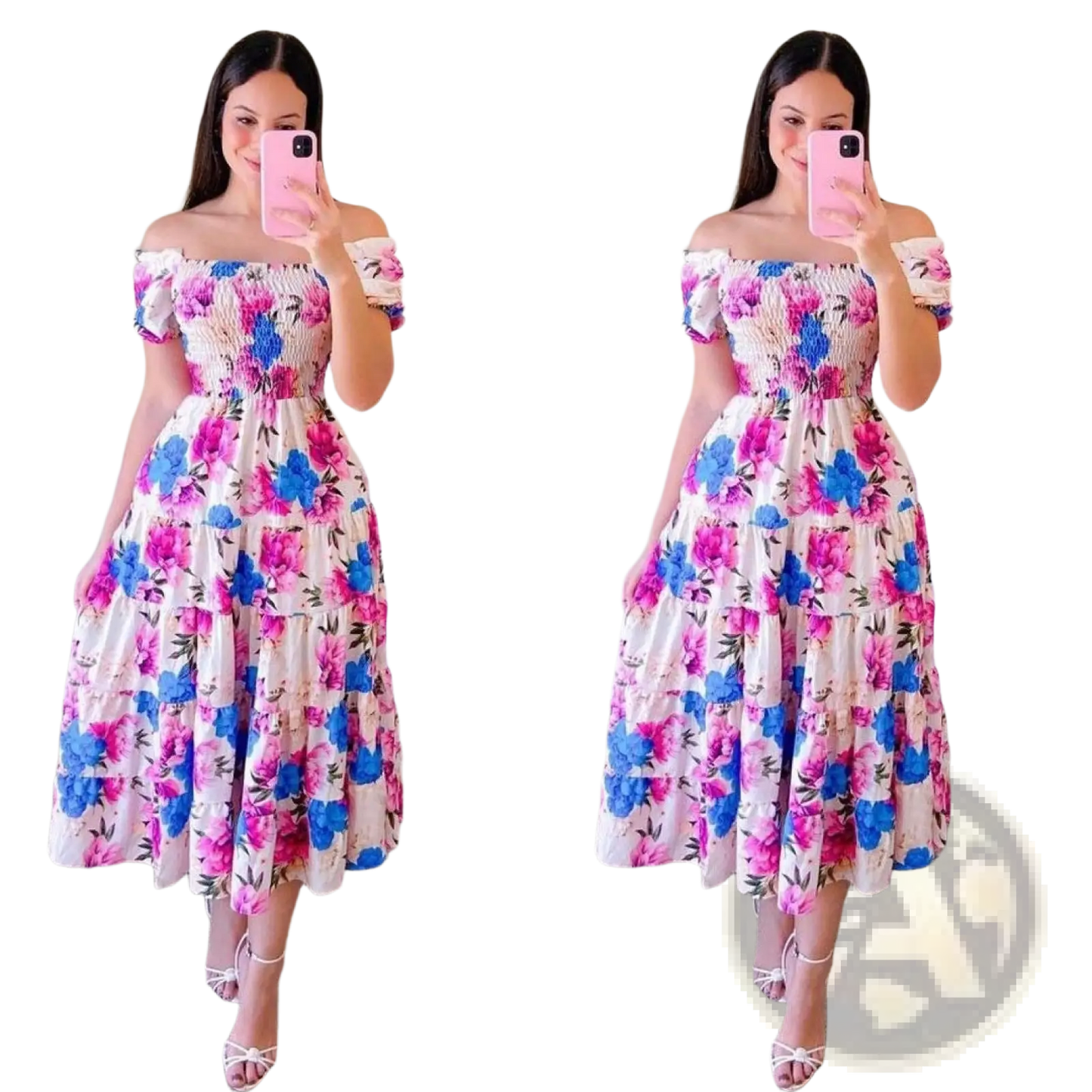 Floral Print Smocked Tiered Midi Dress with Square Neckline