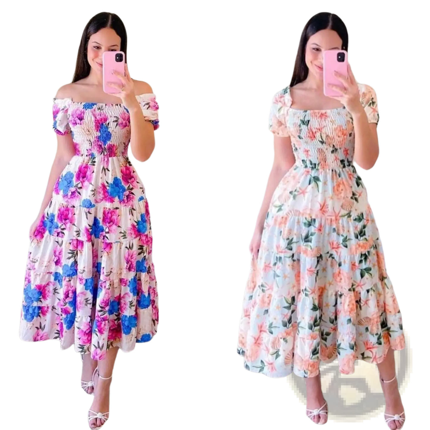 Floral Print Smocked Tiered Midi Dress with Square Neckline