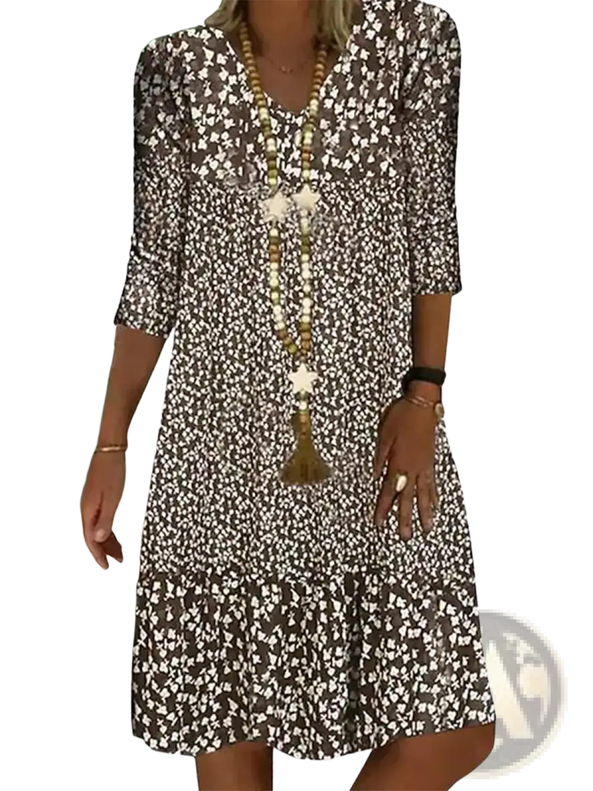 Floral Print v Neck Three Quarter Sleeve Midi Dress