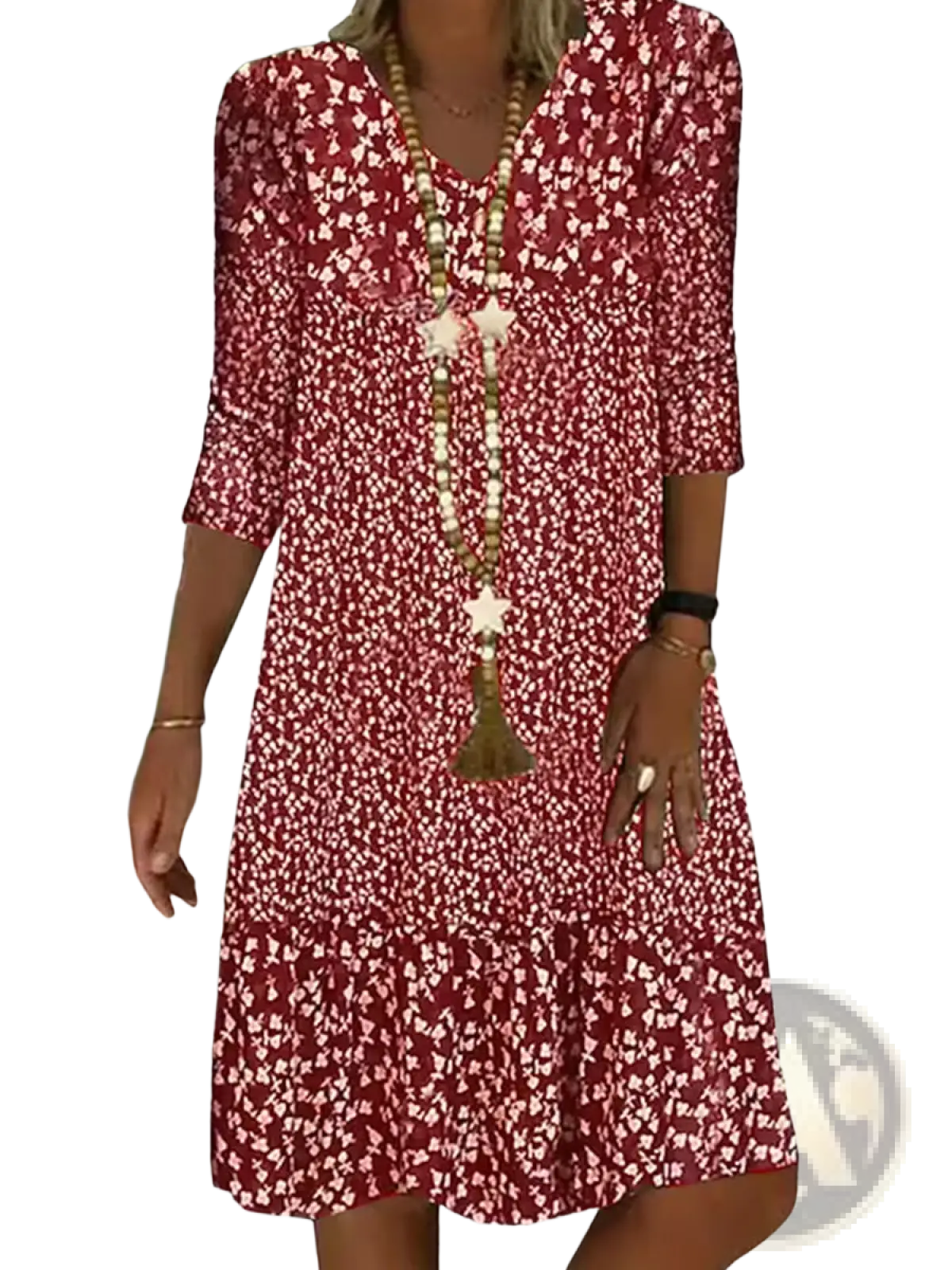 Floral Print v Neck Three Quarter Sleeve Midi Dress