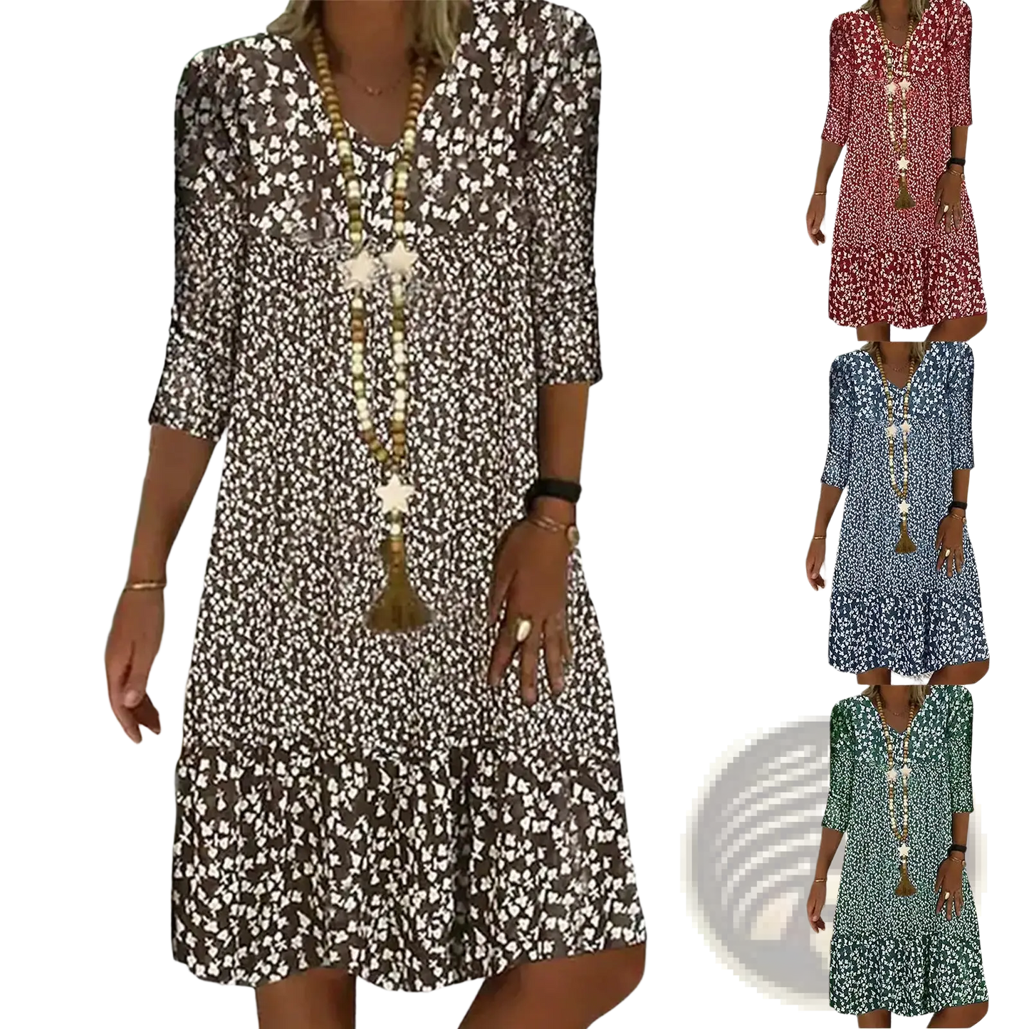 Floral Print v Neck Three Quarter Sleeve Midi Dress
