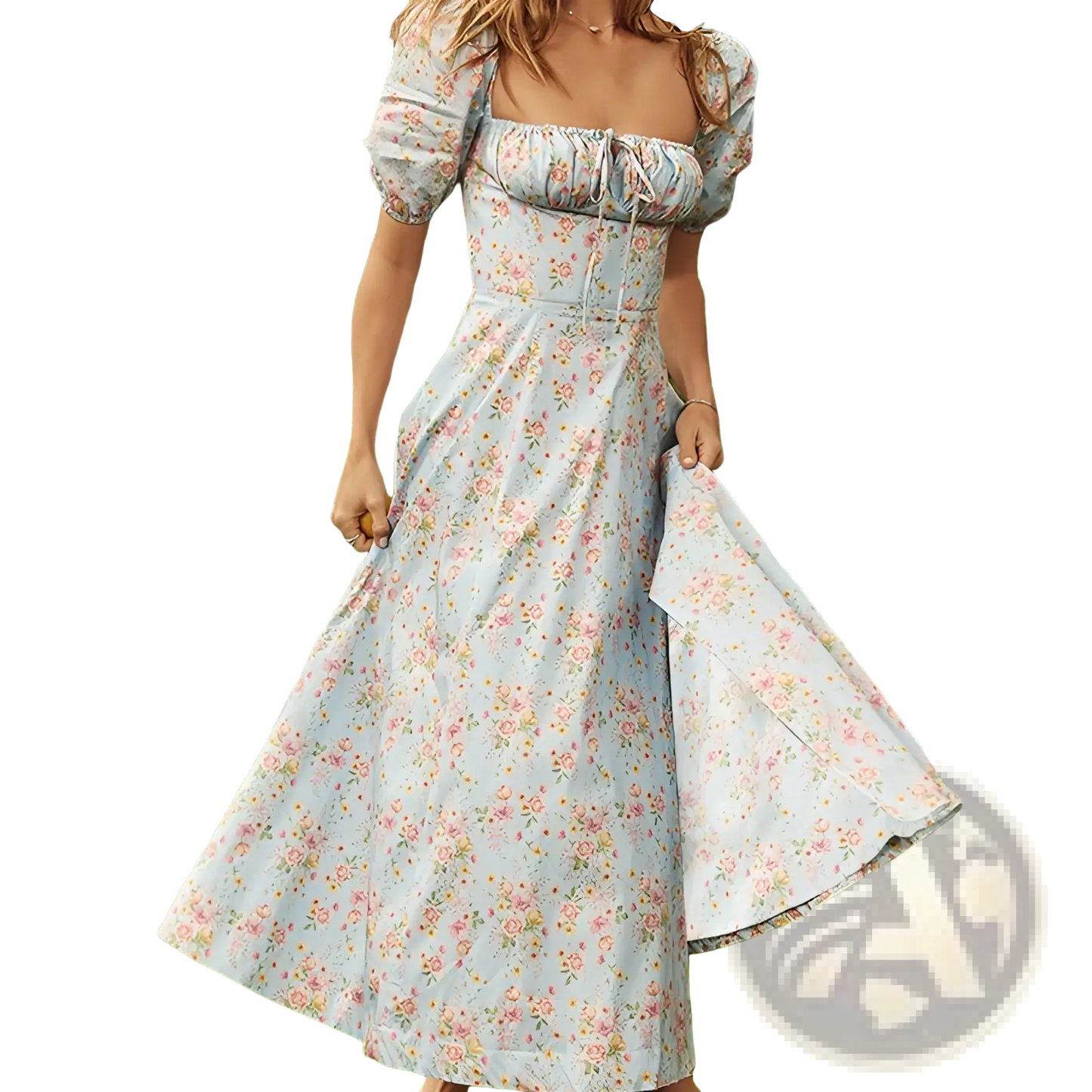 Floral Square Neck Puff Sleeve Midi Slit Dress