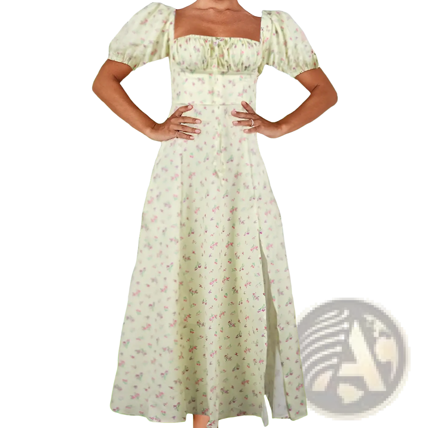 Floral Square Neck Puff Sleeve Midi Slit Dress