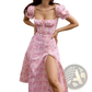 Floral Square Neck Puff Sleeve Midi Slit Dress