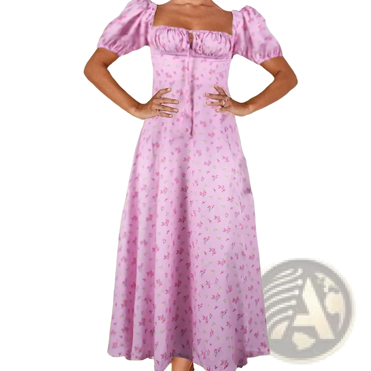 Floral Square Neck Puff Sleeve Midi Slit Dress