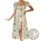 Floral Square Neck Puff Sleeve Midi Slit Dress