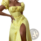 Floral Square Neck Puff Sleeve Midi Slit Dress