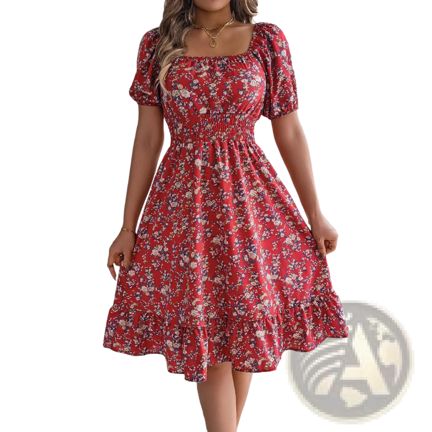 Floral Square Neck Puff Sleeve Ruffle Summer Dress