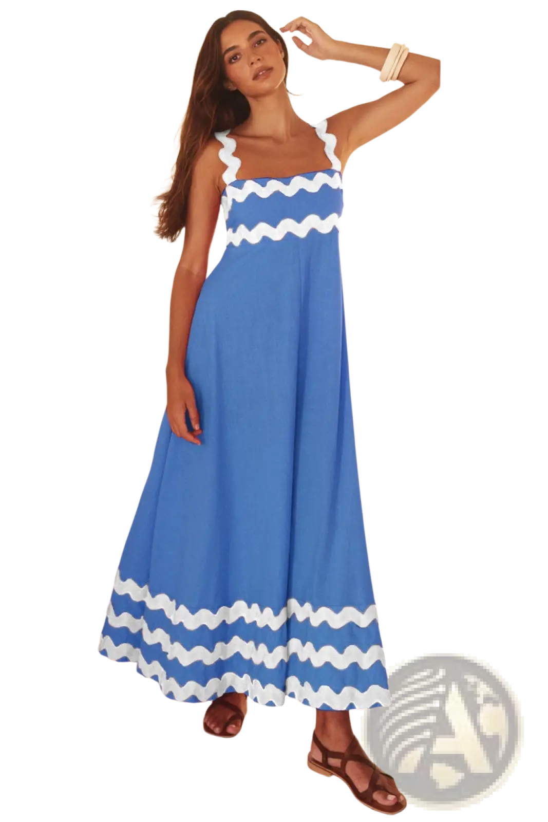 Floral Wavy Trim A-line Beach Maxi Dress