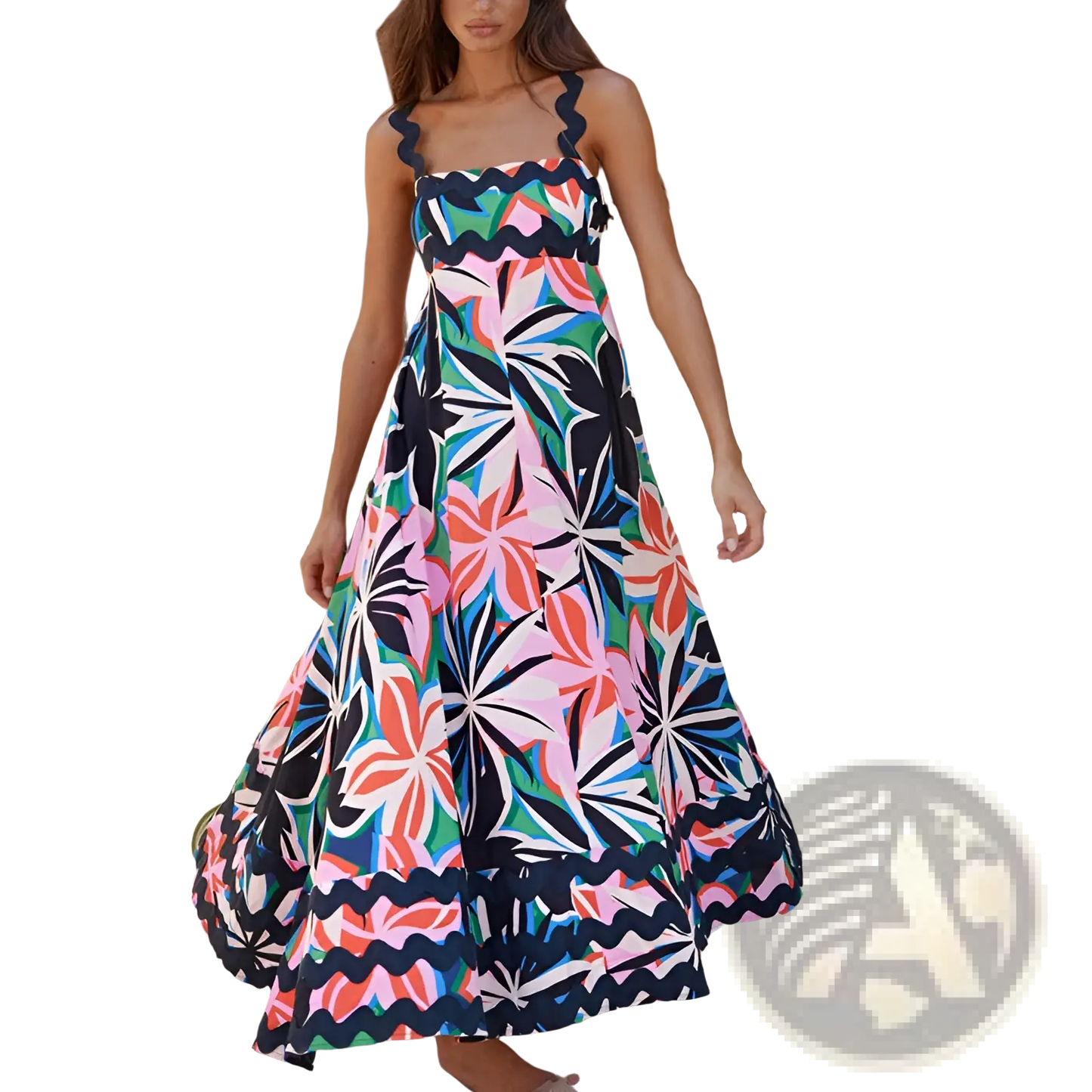 Floral Wavy Trim A-line Beach Maxi Dress
