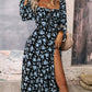 Floral Square Neck Slit Maxi Dress with Long Sleeves