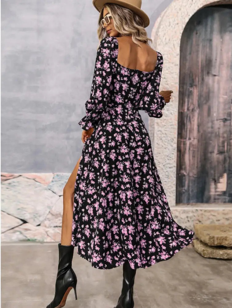 Floral Square Neck Slit Maxi Dress with Long Sleeves