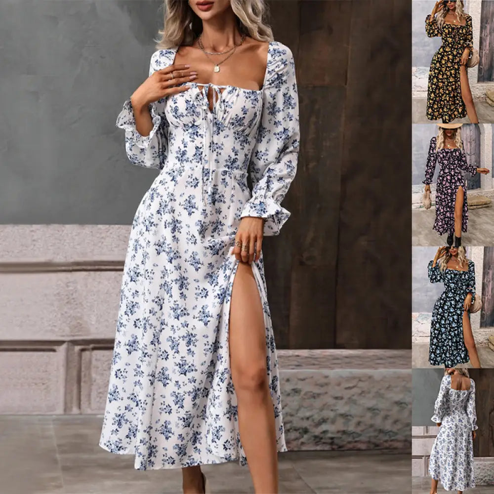 Floral Square Neck Slit Maxi Dress with Long Sleeves