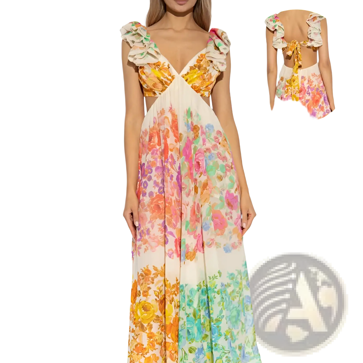 French Floral v Neck Ruffle Maxi Dress