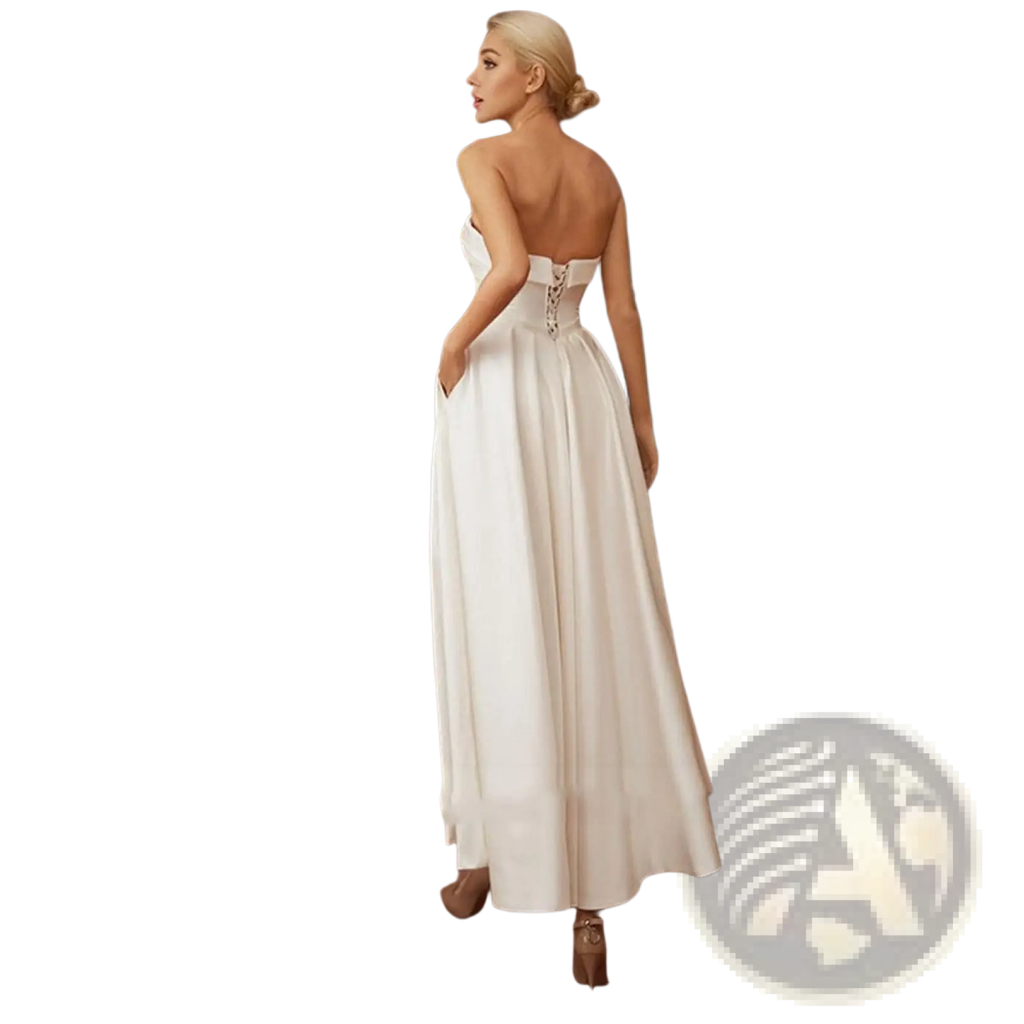 French Satin Strapless Midi Wedding and Evening Gown