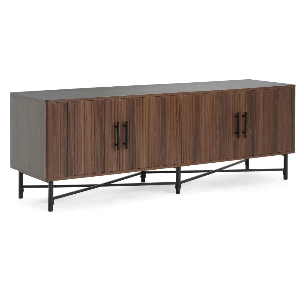 Chestnut 4 Door Tv Cabinet with Vertical Slats and Metal Legs