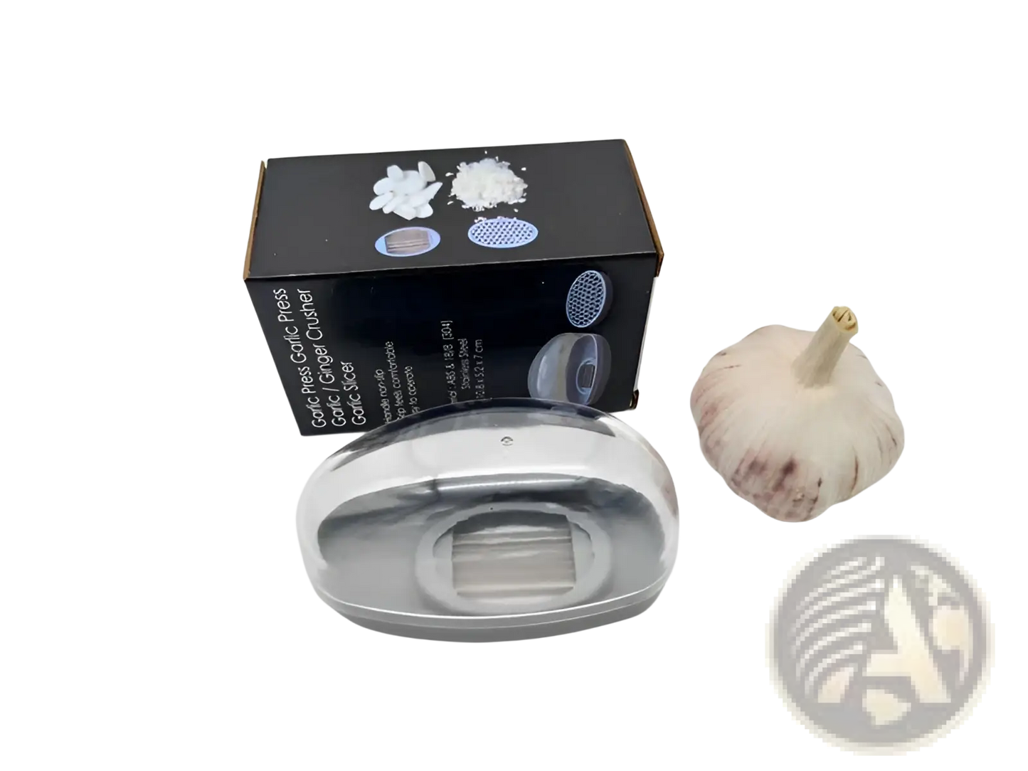 Garlic Press with Stainless Steel Blades and Gray Case