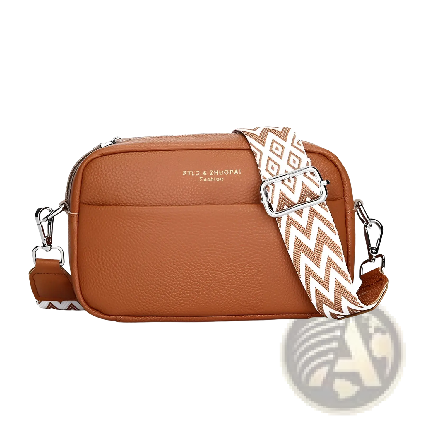 Genuine Leather Crossbody Bag with Geometric Pattern Strap
