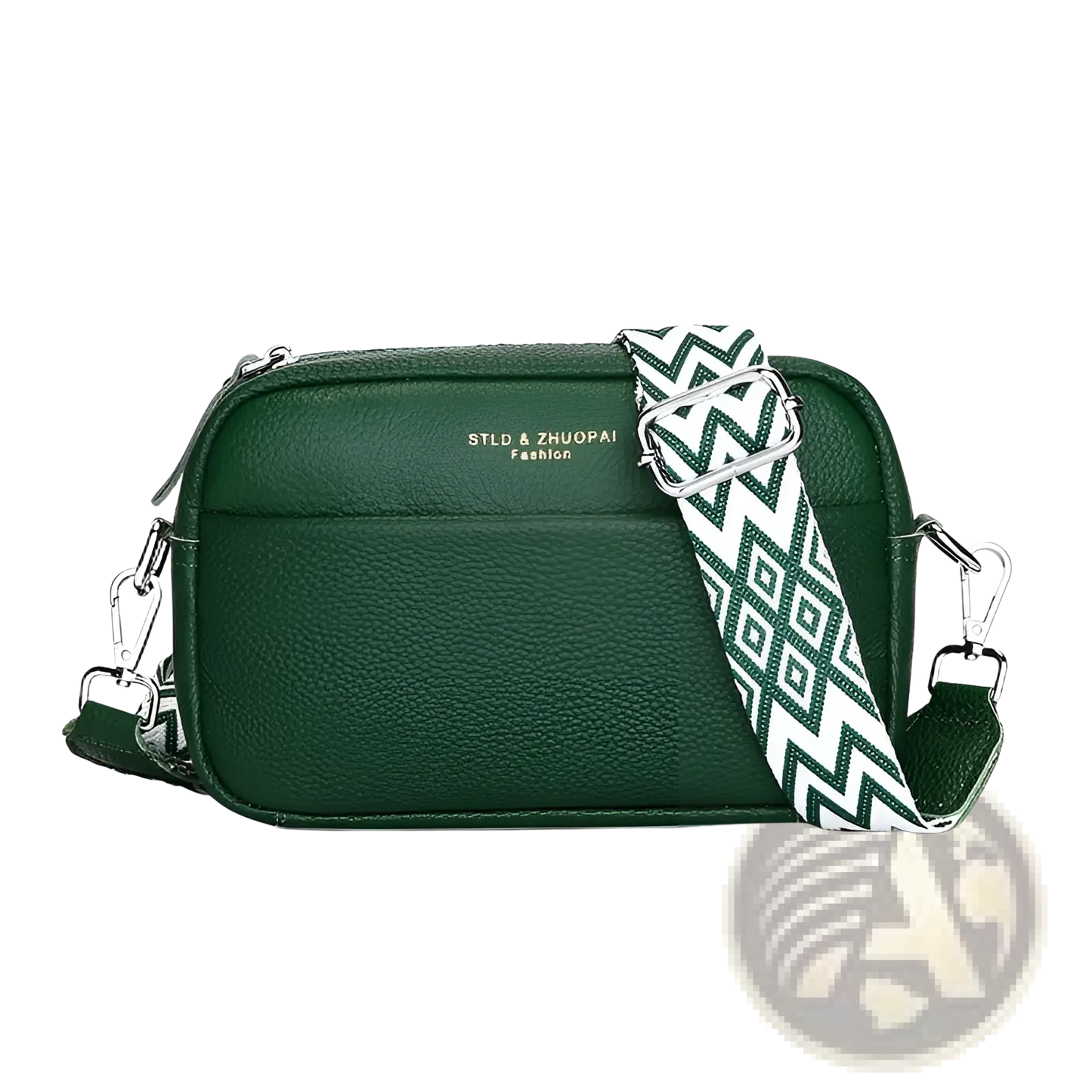 Genuine Leather Crossbody Bag with Geometric Pattern Strap