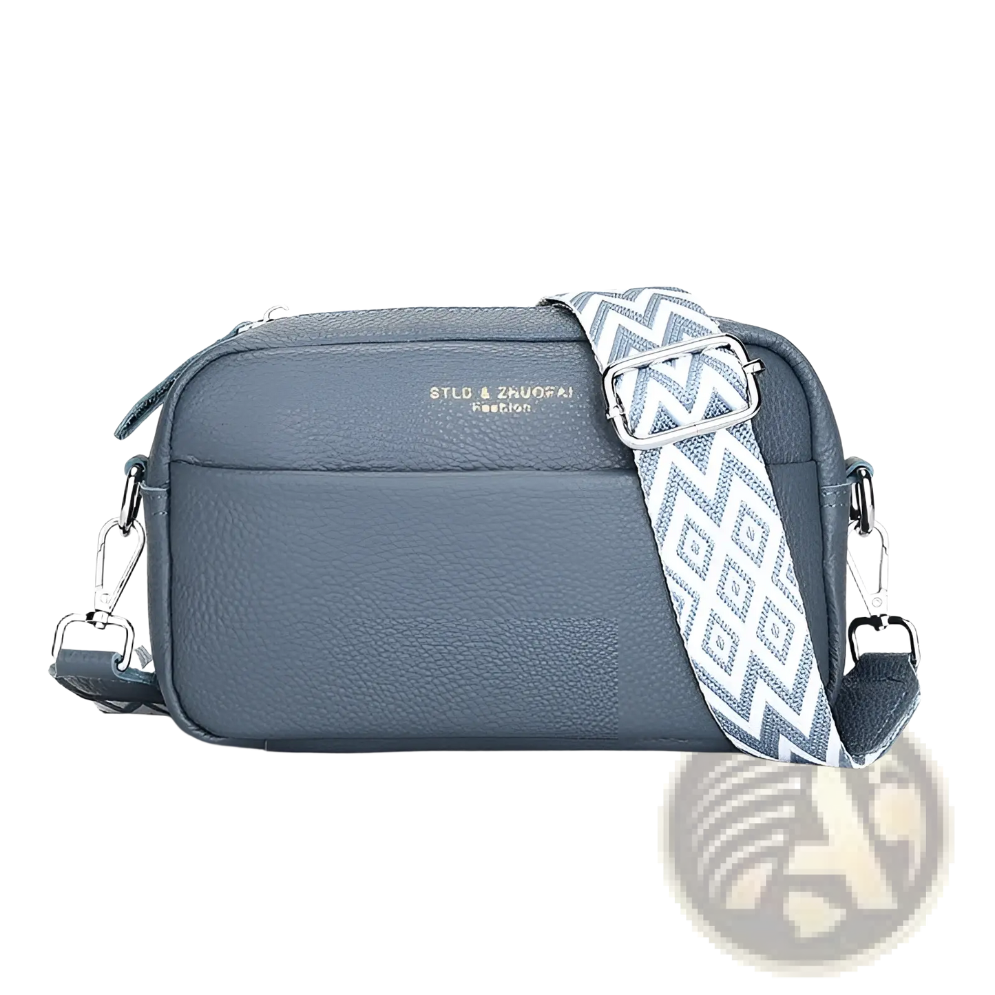 Genuine Leather Crossbody Bag with Geometric Pattern Strap