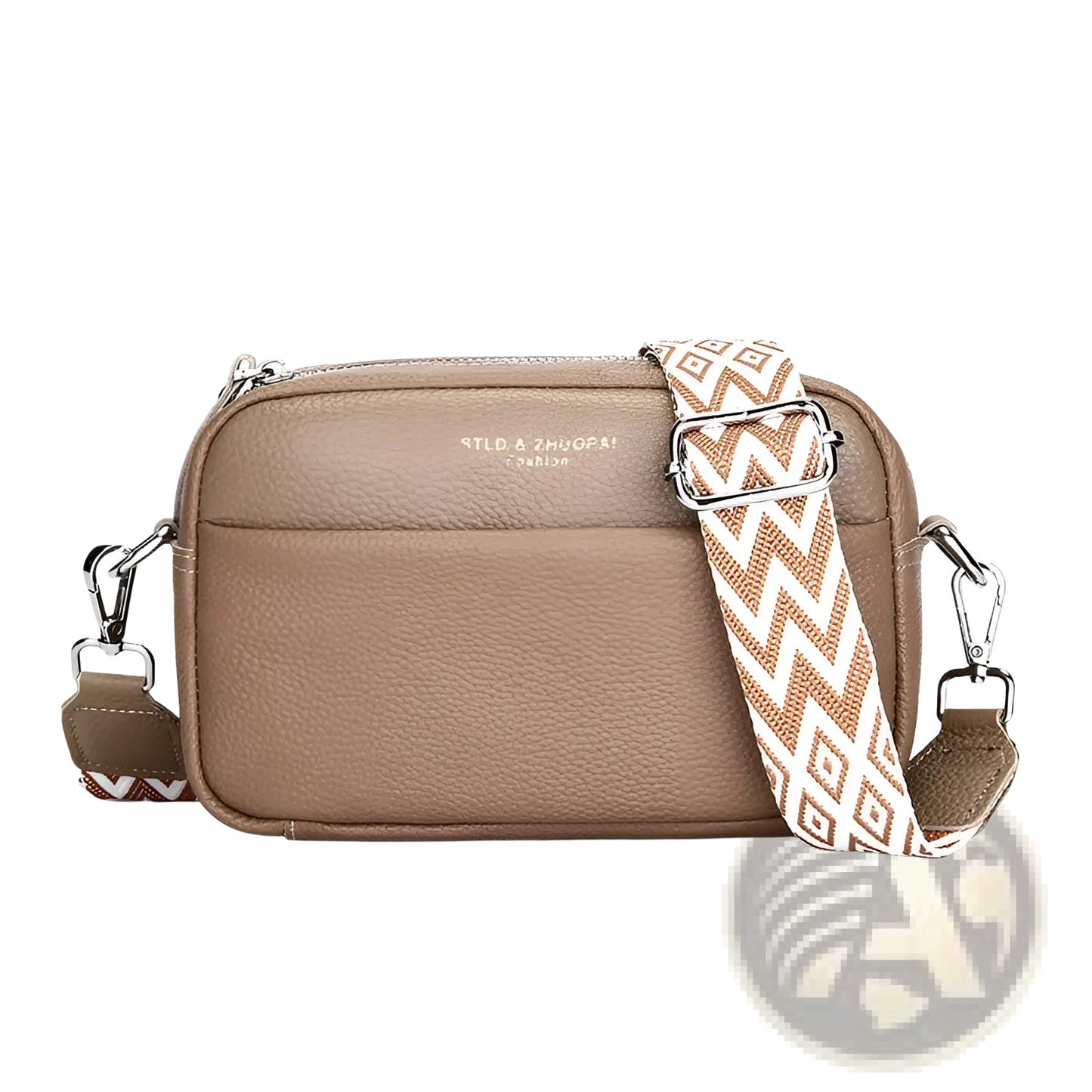 Genuine Leather Crossbody Bag with Geometric Pattern Strap