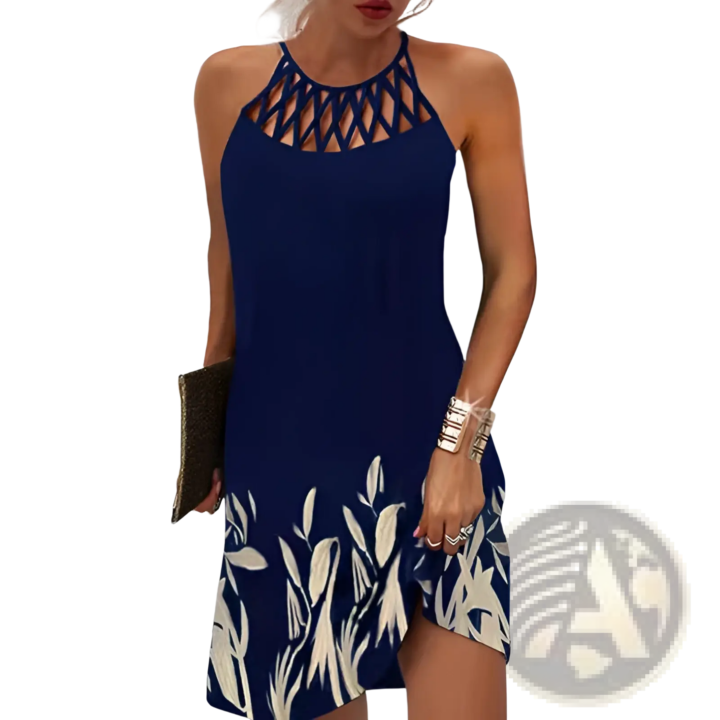 Geometric Print Halterneck Asymmetrical Midi Dress