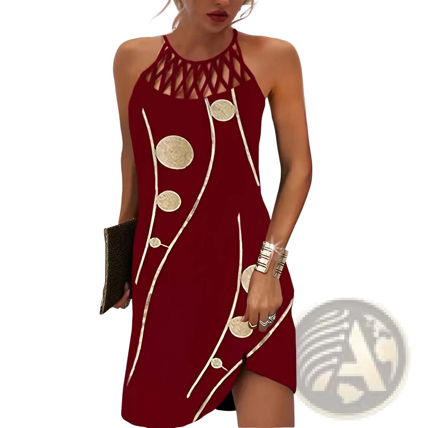 Geometric Print Halterneck Asymmetrical Midi Dress