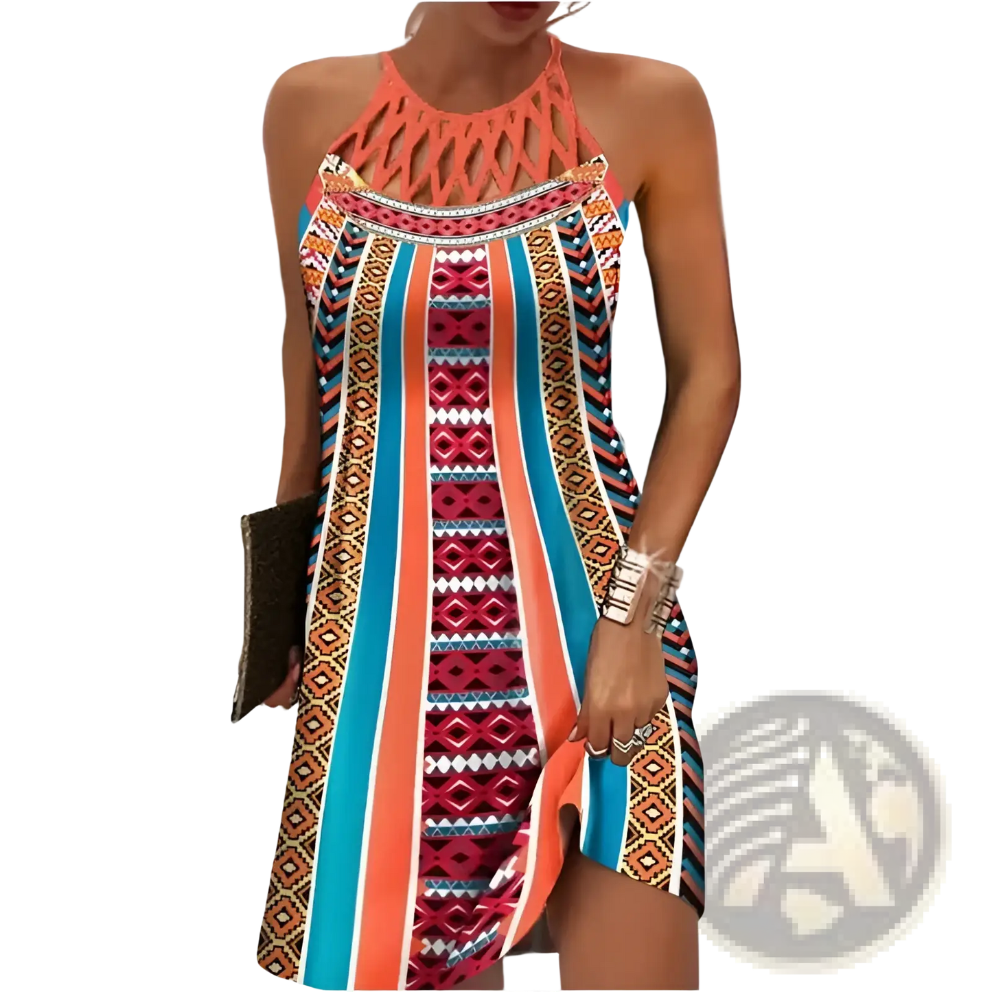 Geometric Print Halterneck Asymmetrical Midi Dress