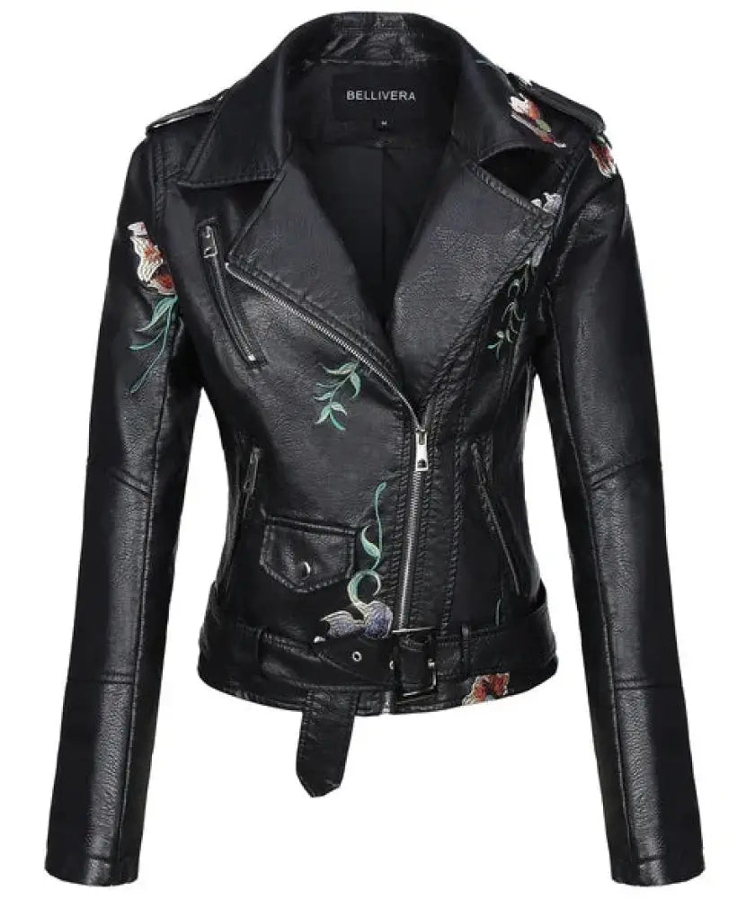 Embroidered Floral Faux Leather Biker Jacket