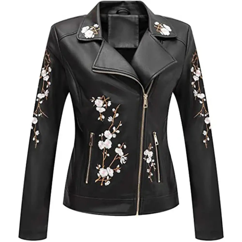 Embroidered Floral Faux Leather Biker Jacket