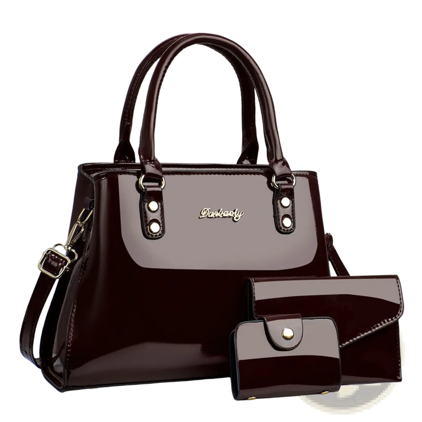 Glossy Patent Leather 3-piece Handbag and Wallet Set