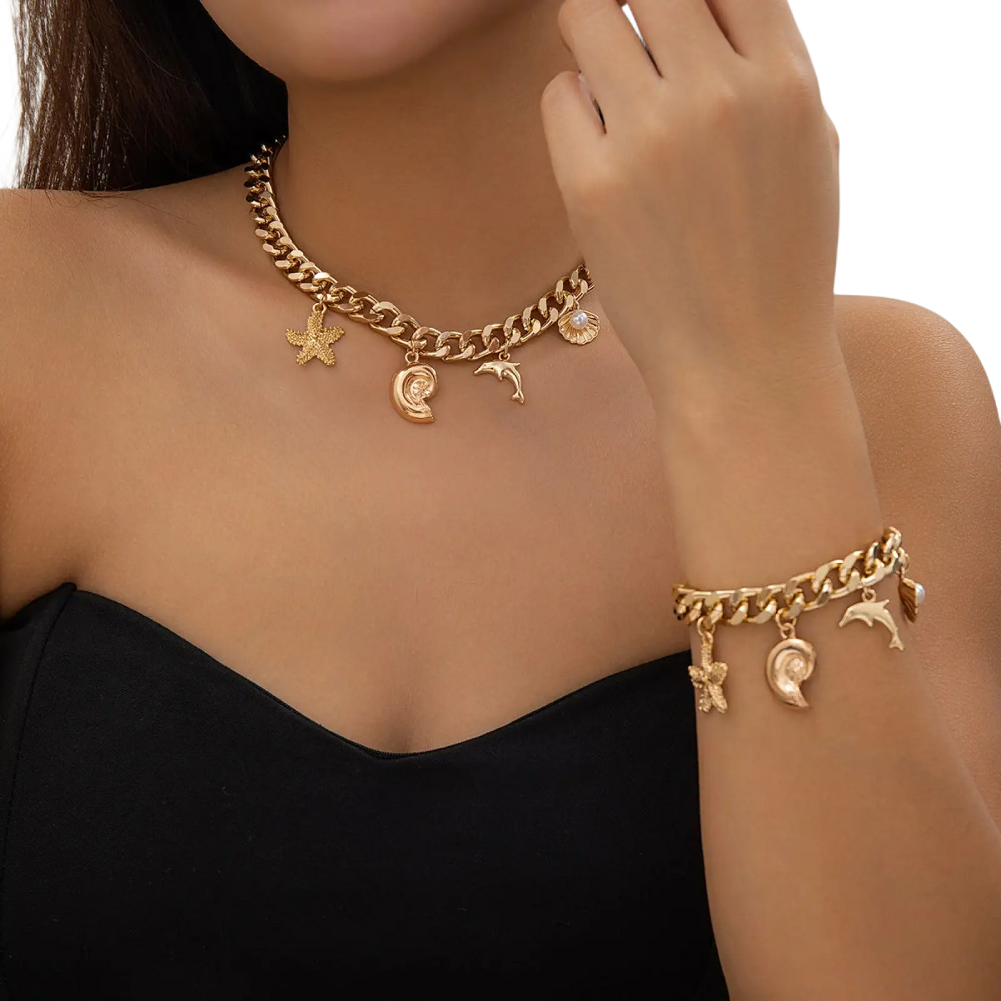 Gold Boho Sea Charm Choker and Bracelet Set