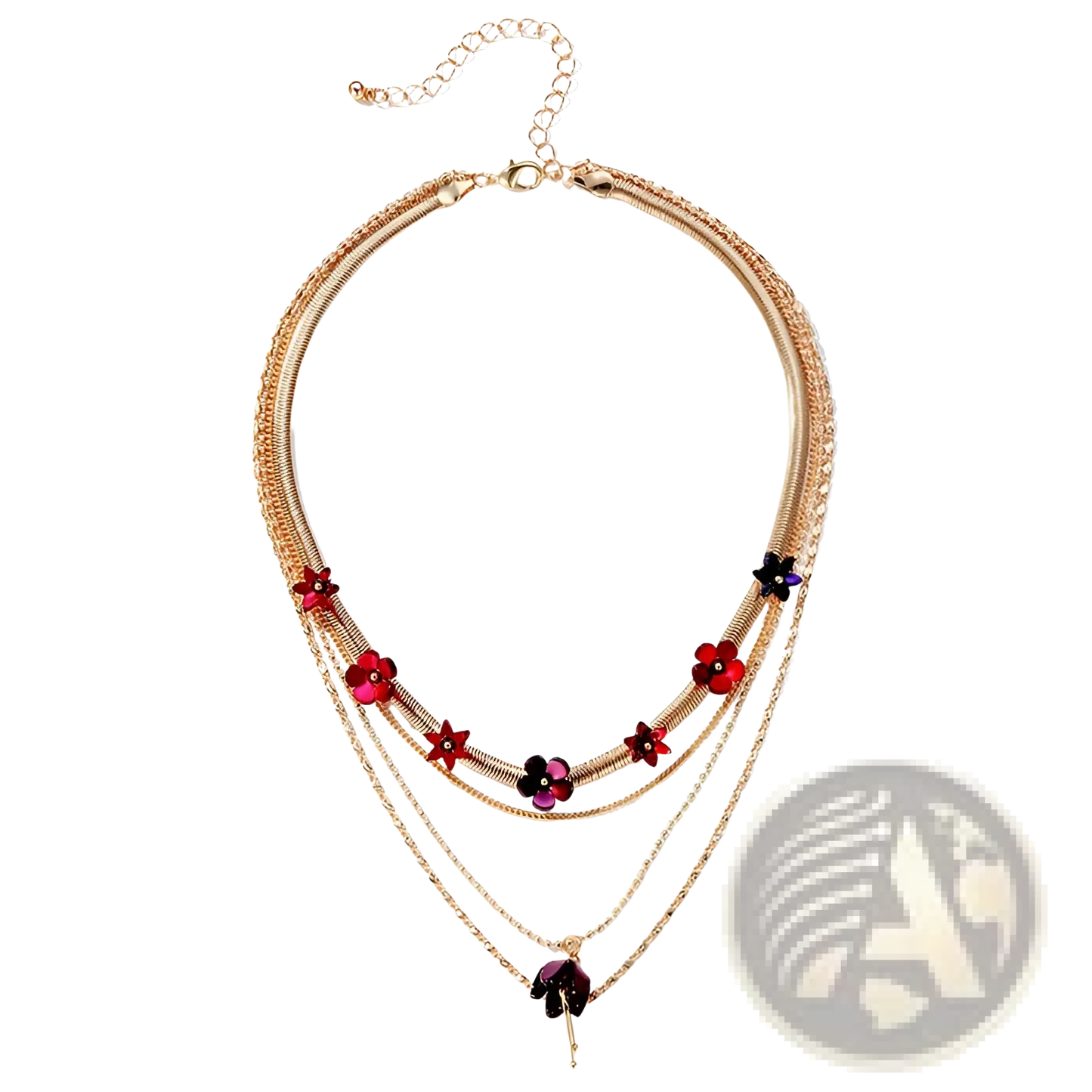 Gold Layered Choker with Red and Purple Acrylic Flowers