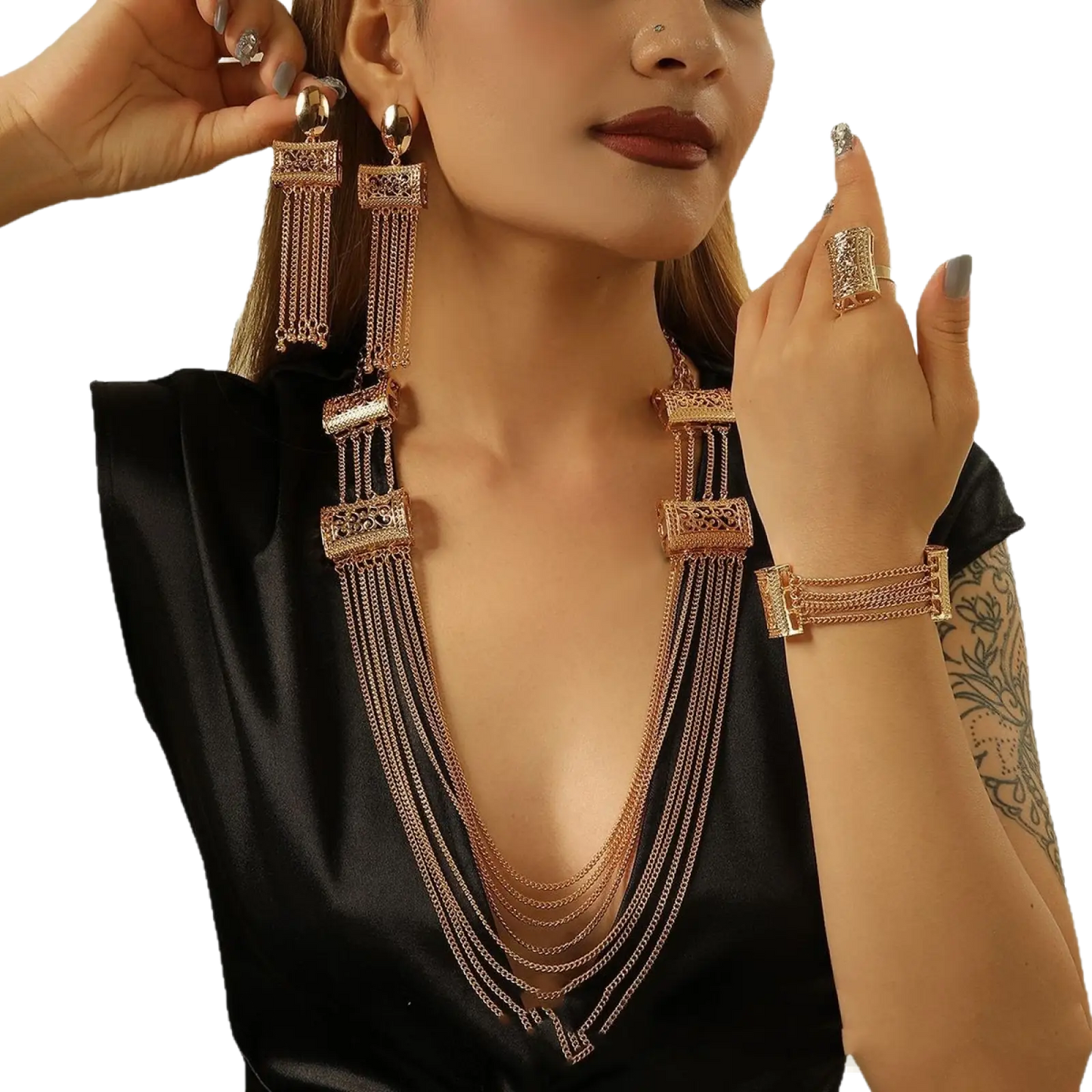 Gold Layered Tassel Necklace and Jewelry Set