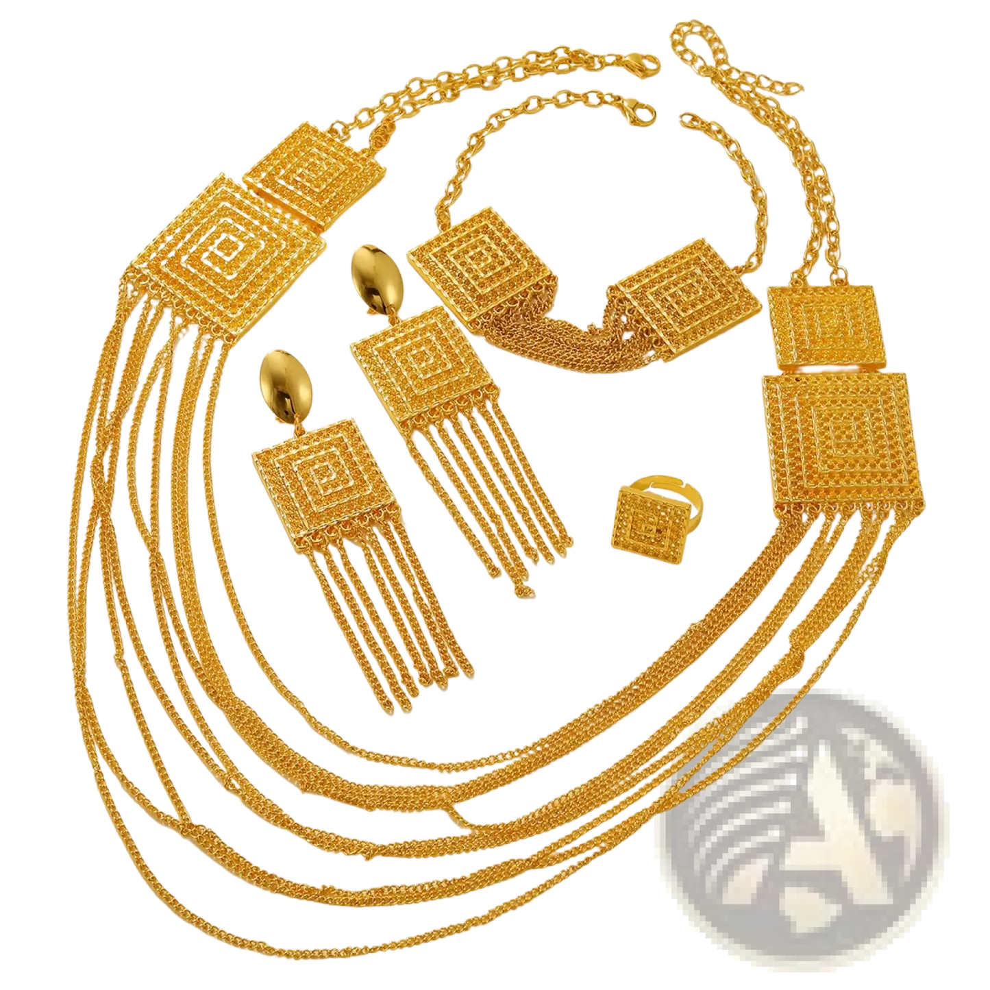 Gold Layered Tassel Necklace and Jewelry Set
