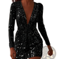 Gold Sequin Deep v Mini Dress with Sheer Long Sleeves