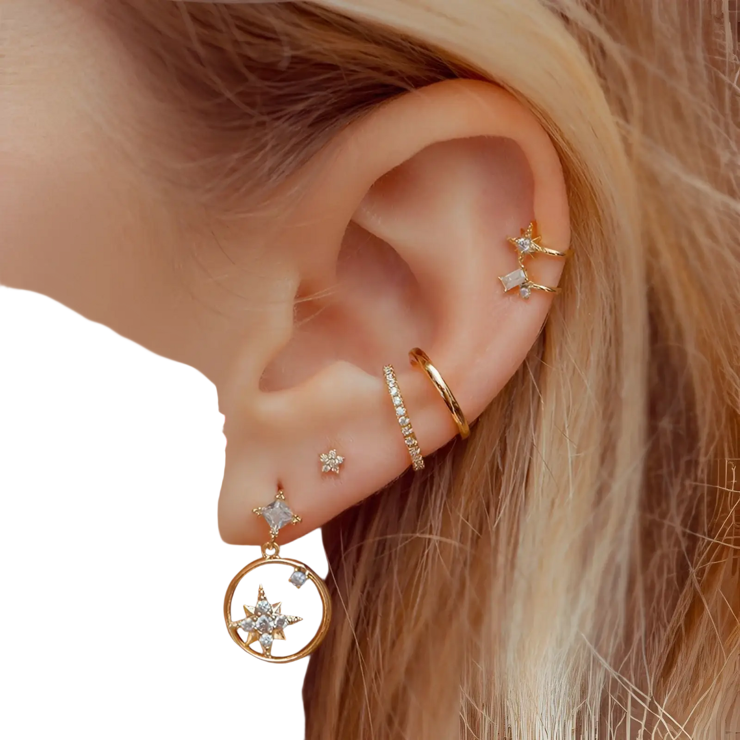 Gold Star and Moon Butterfly Earring and Cuff Set