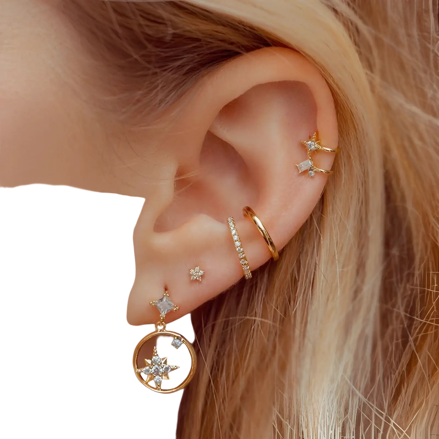 Gold Star and Moon Butterfly Earring and Cuff Set