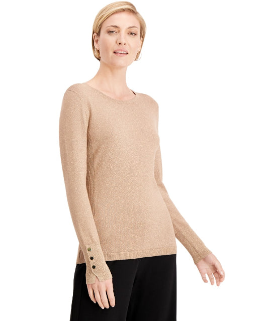 JM Collection Women's Metallic Round Neck Stud Cuff Sweater Tan Size Extra Large