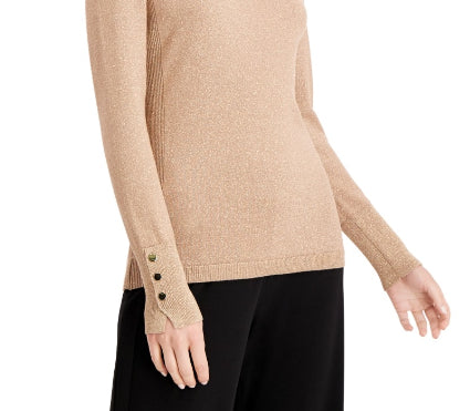 JM Collection Women's Metallic Round Neck Stud Cuff Sweater Tan Size Extra Large